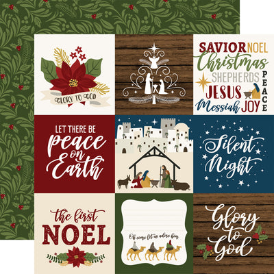 12x12 patterned paper (Side A - 4X4 journaling cards with nativity scenes and phrases, Side B -&nbsp; Christmas holly and berries on a dark green background) - Echo Park