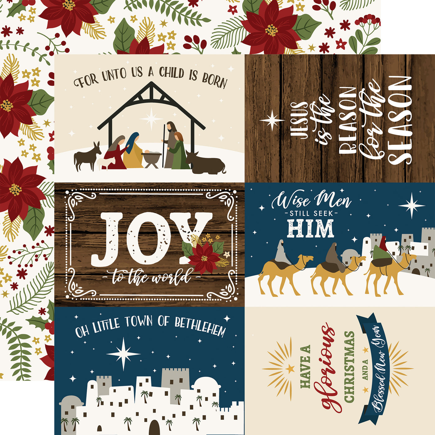 12x12 patterned paper (Side A - 6X4 journaling cards with nativity scenes and phrases, Side B -&nbsp; Christmas floral on a cream background) - Echo Park