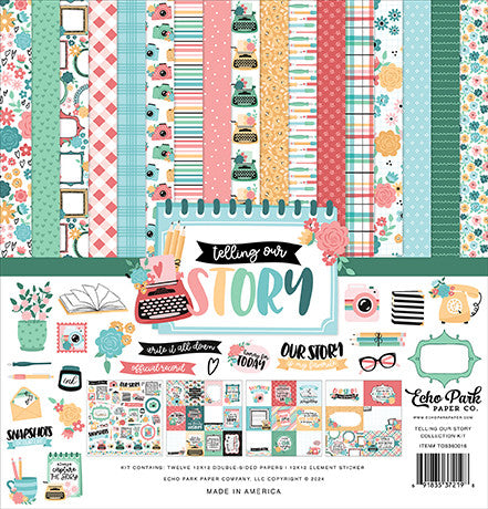 TELLING OUR STORY 12x12 Collection Kit from Echo Park Paper - Twelve double-sided papers with life and family themes. 12x12 inch textured cardstock. Includes Element Sticker Sheet, Echo Park Paper Co.