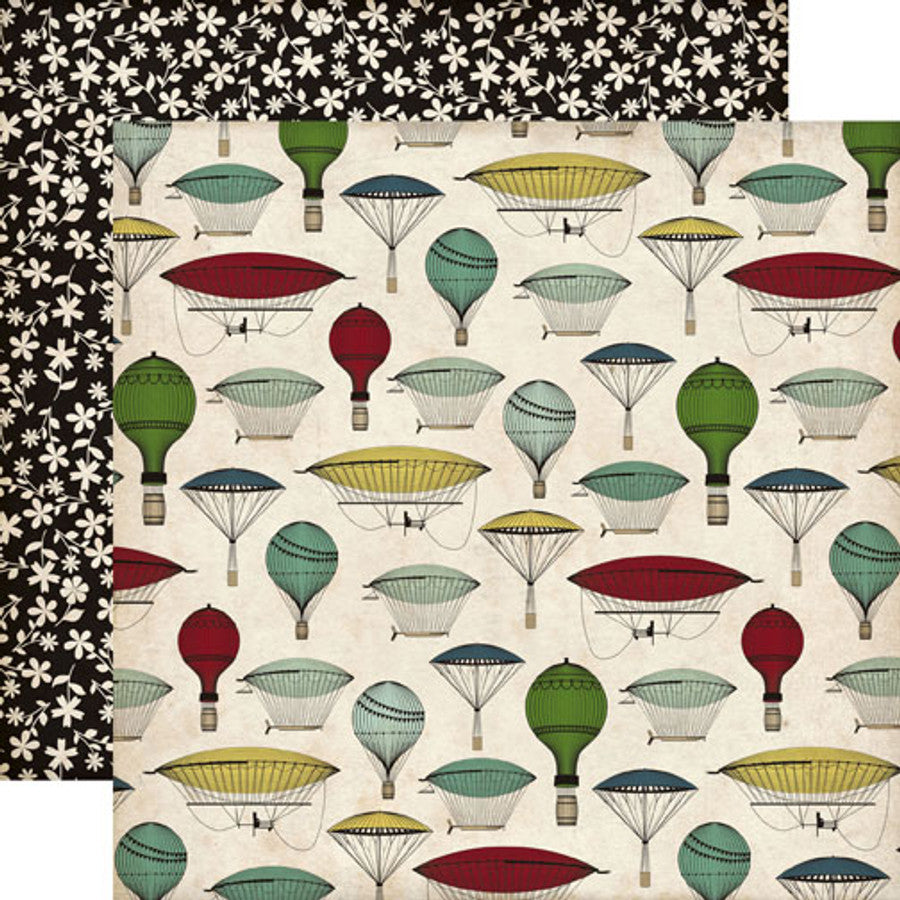 12x12 double-sided patterned paper. (Side A - vintage hot air baloons on a cream background; Side B - cream floral on a black background)