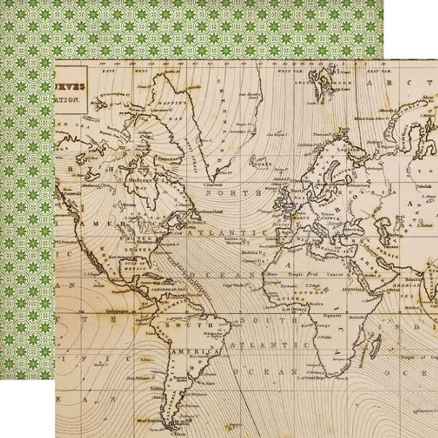 12x12 double-sided patterned paper. (Side A - world map on a woodgrain background; Side B - green vintage pattern on a cream background)