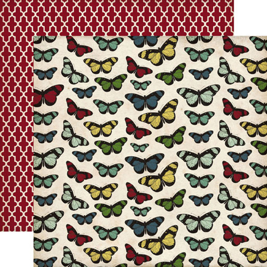 (Side A - red, green, blue, and yellow butterflies on a cream background; Side B - cream vintage pattern on a burgundy background)