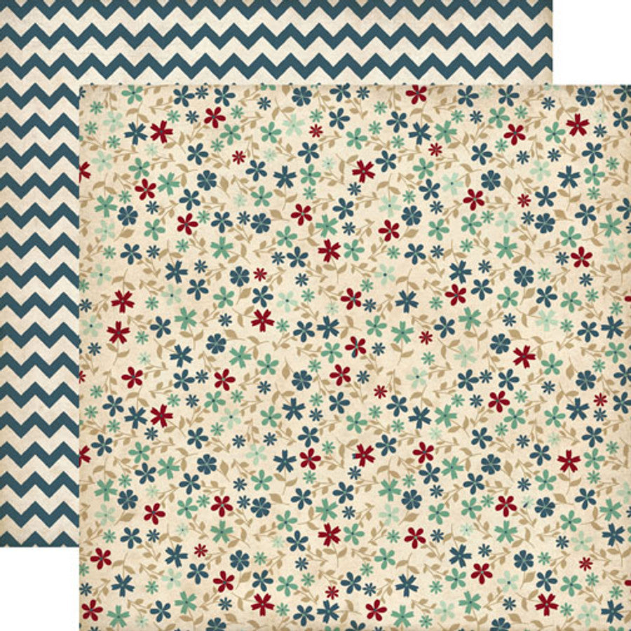 (Side A - red, blue, and turquoise floral on a cream background; Side B - navy blue chevron on a cream background)