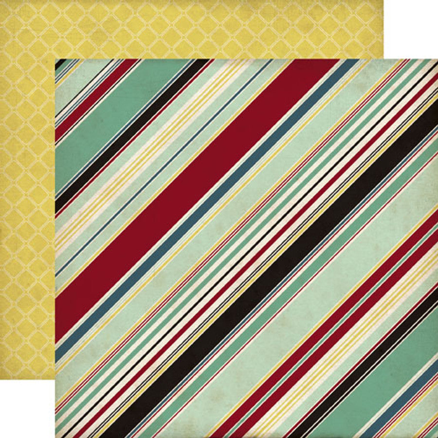 12x12 double-sided patterned paper. (Side A - red, green, black, yellow diagonal stripes; Side B - yellow lattice pattern)