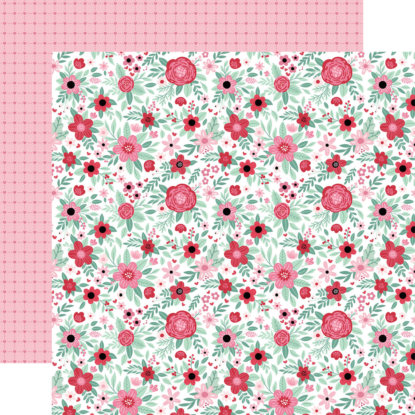 (Side A - a cheerful floral pattern. It features a variety of pink, red, and green flowers and leaves, all set against a white background. The flowers are arranged in a dense, repeating pattern; Side B - a pink background with a repeating pattern of tiny hearts. The hearts are arranged in a grid-like formation)