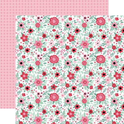 (Side A - a cheerful floral pattern. It features a variety of pink, red, and green flowers and leaves, all set against a white background. The flowers are arranged in a dense, repeating pattern; Side B - a pink background with a repeating pattern of tiny hearts. The hearts are arranged in a grid-like formation)