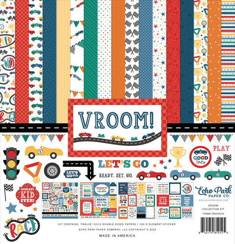 "Vroom! Collection Kit" by Echo Park Paper Co. It's a scrapbooking kit that contains twelve 12x12-inch double-sided papers and one 12x12-inch element sticker sheet. 