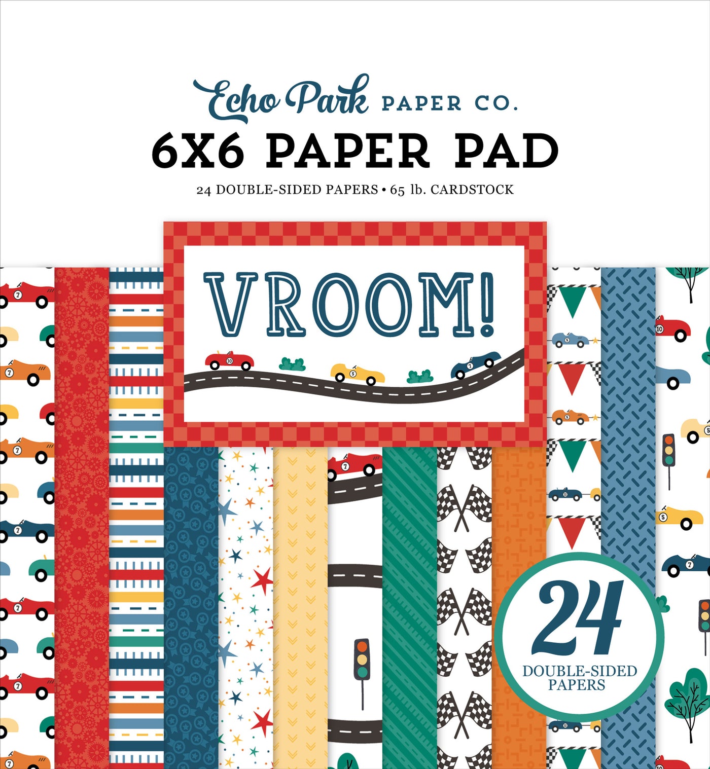Echo Park paper pad with car-themed designs and 'Vroom!' text on a white background