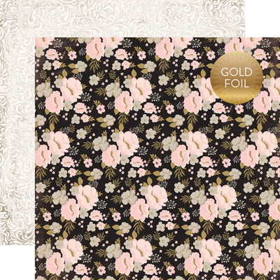 (Side A - pink floral with gold foil accents on a black background, Side B - gray and white fancy filigree pattern)