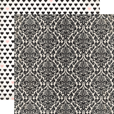 (Side A - black damask on a white background, Side B - rows of black and pink hearts on a distressed white background)