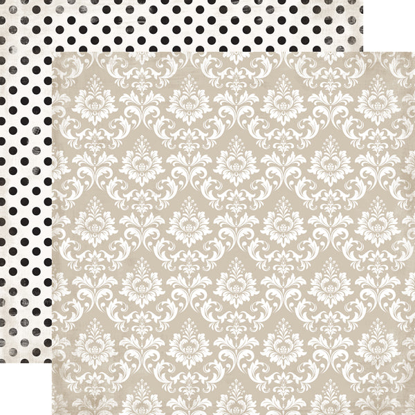 (Side A - white damask on a taupe background, Side B - black polka dots on a white background)