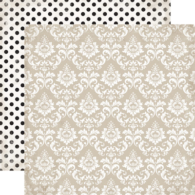 (Side A - white damask on a taupe background, Side B - black polka dots on a white background)