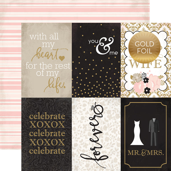 (Side A - 4X6 wedding journaling cards with foil accents, Side B - pink stripes on a distressed white background)