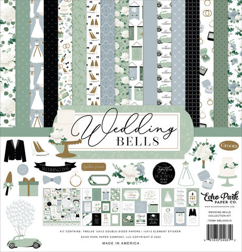 WEDDING BELLS kit 12x12 Collection from Echo Park Paper - 12 double-sided 12x12 patterned papers with the wedding theme. Includes 12x12 element sticker sheet. Archival quality and acid-free.
