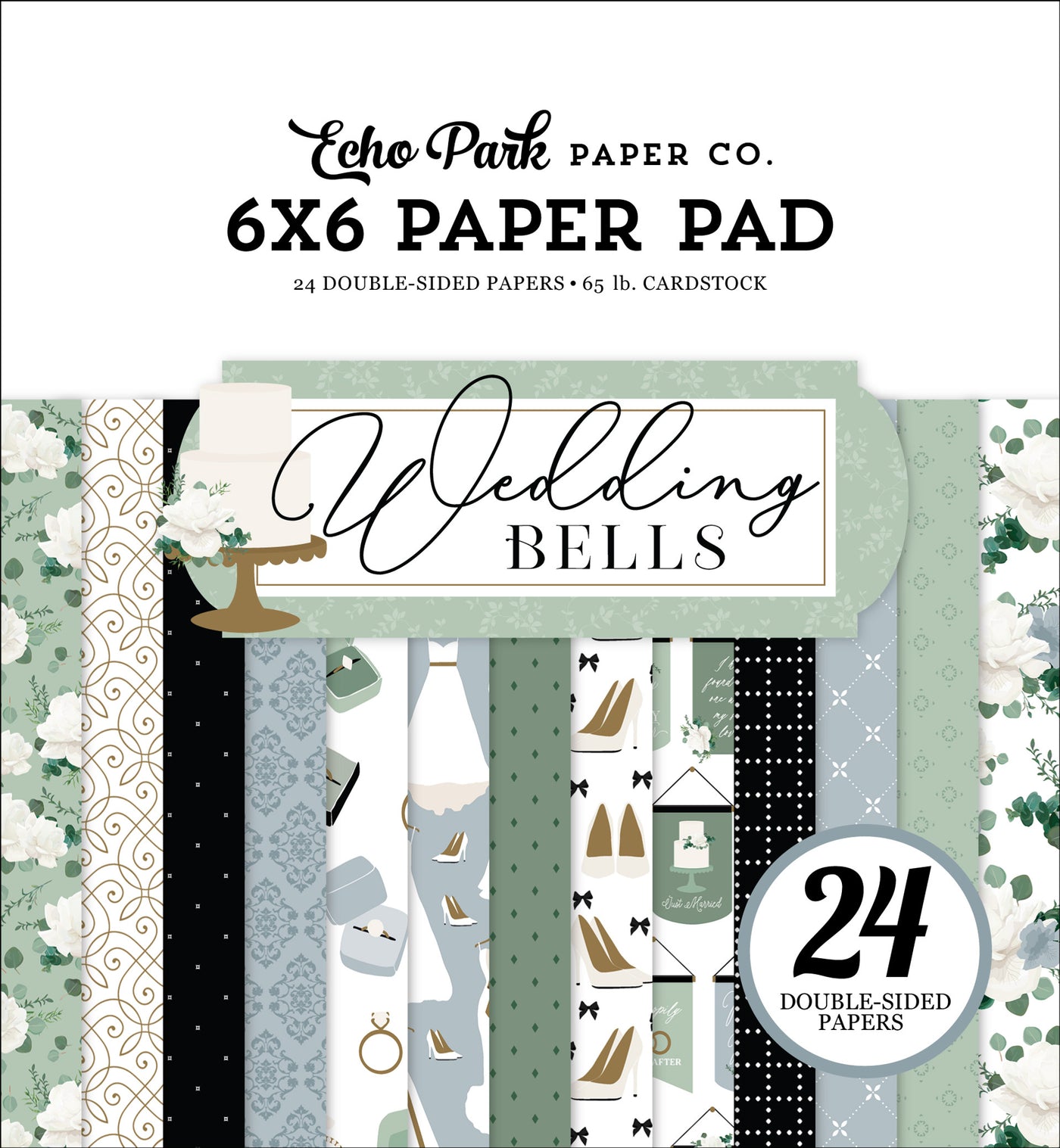 WEDDING BELLS 6x6 Paper Pad from Echo Park—This 6x6 pad features a wedding theme in lovely colors and patterns. It is fun for cards and paper crafts and includes 24 double-sided pages.