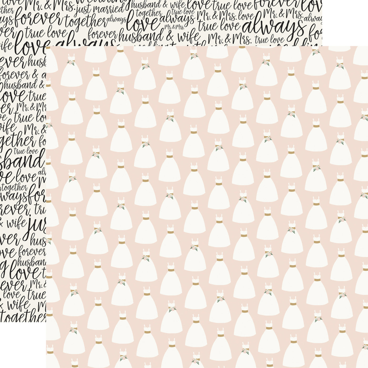 Patterned paper with white dresses on a pink background, with wedding text reverse.