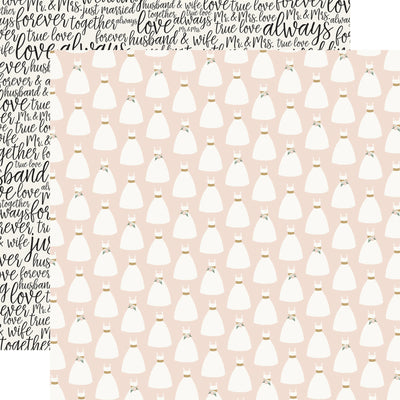 Patterned paper with white dresses on a pink background, with wedding text reverse.