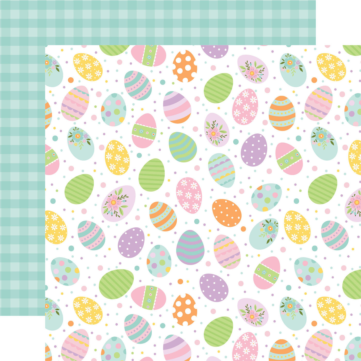 12x12 double-sided patterned paper - (pastel Easter eggs with scattered dots on a white background, teal blue gingham reverse)