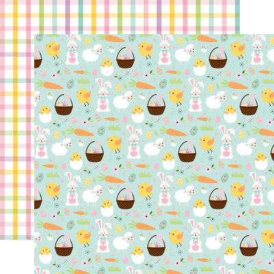 12x12 double-sided patterned paper - (Easter icons with little stems of flowers scattered on a mint green background and pastel plaid on a white background reverse)