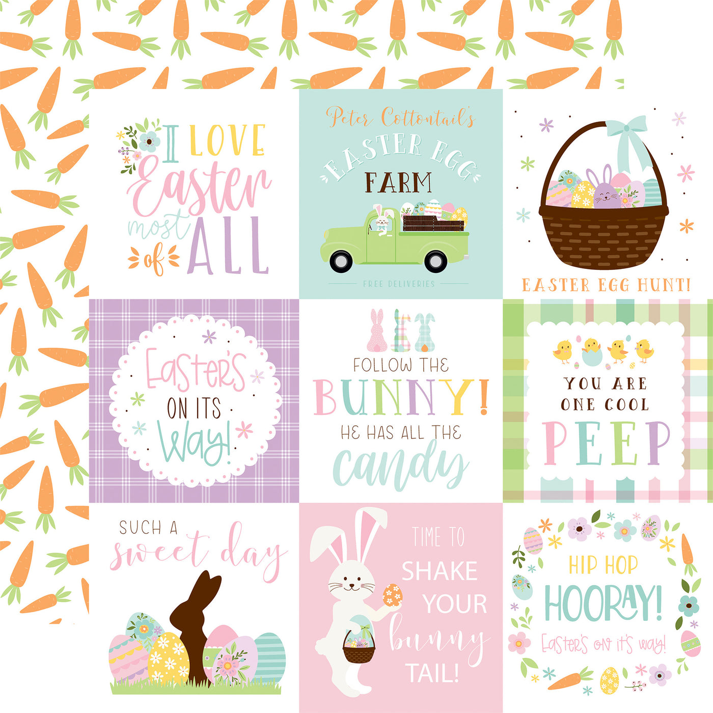 12x12 double-sided patterned paper - (Easter journaling cards and orange carrots on a white background reverse)