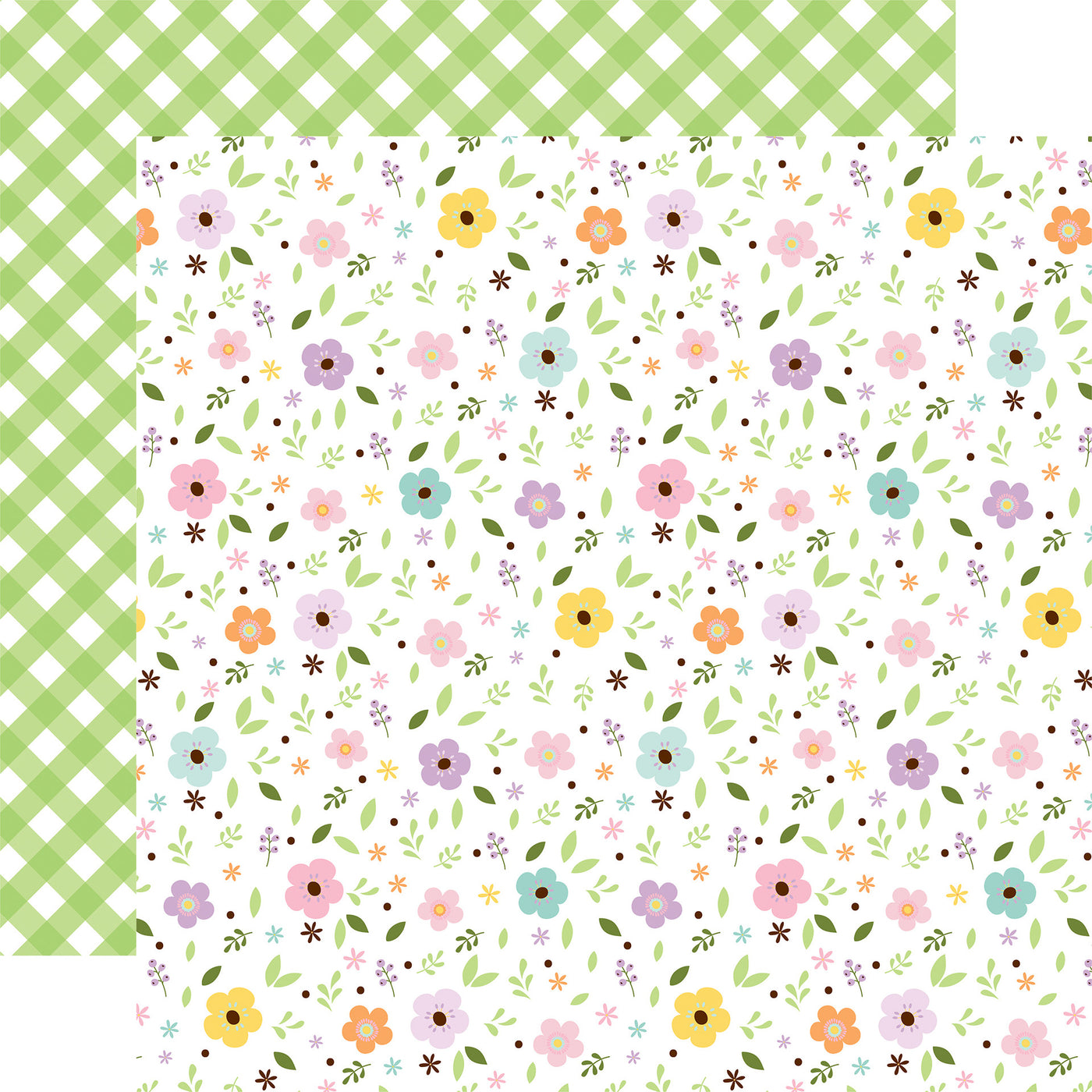 (Side A - a repeating pattern of small, stylized flowers in pastel shades of purple, blue, yellow, and orange, interspersed with tiny green leaves; Side B - a wide, diagonal band of green and white gingham pattern) Archival safe.