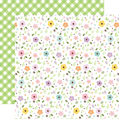 (Side A - a repeating pattern of small, stylized flowers in pastel shades of purple, blue, yellow, and orange, interspersed with tiny green leaves; Side B - a wide, diagonal band of green and white gingham pattern) Archival safe.