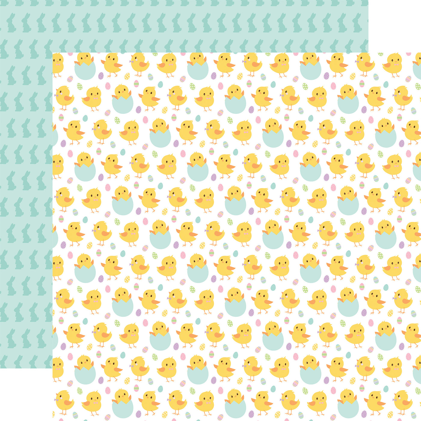 12x12 double-sided patterned paper - (pastel yellow baby chicks in blue eggshells on a white background, teal blue bunny pattern reverse)