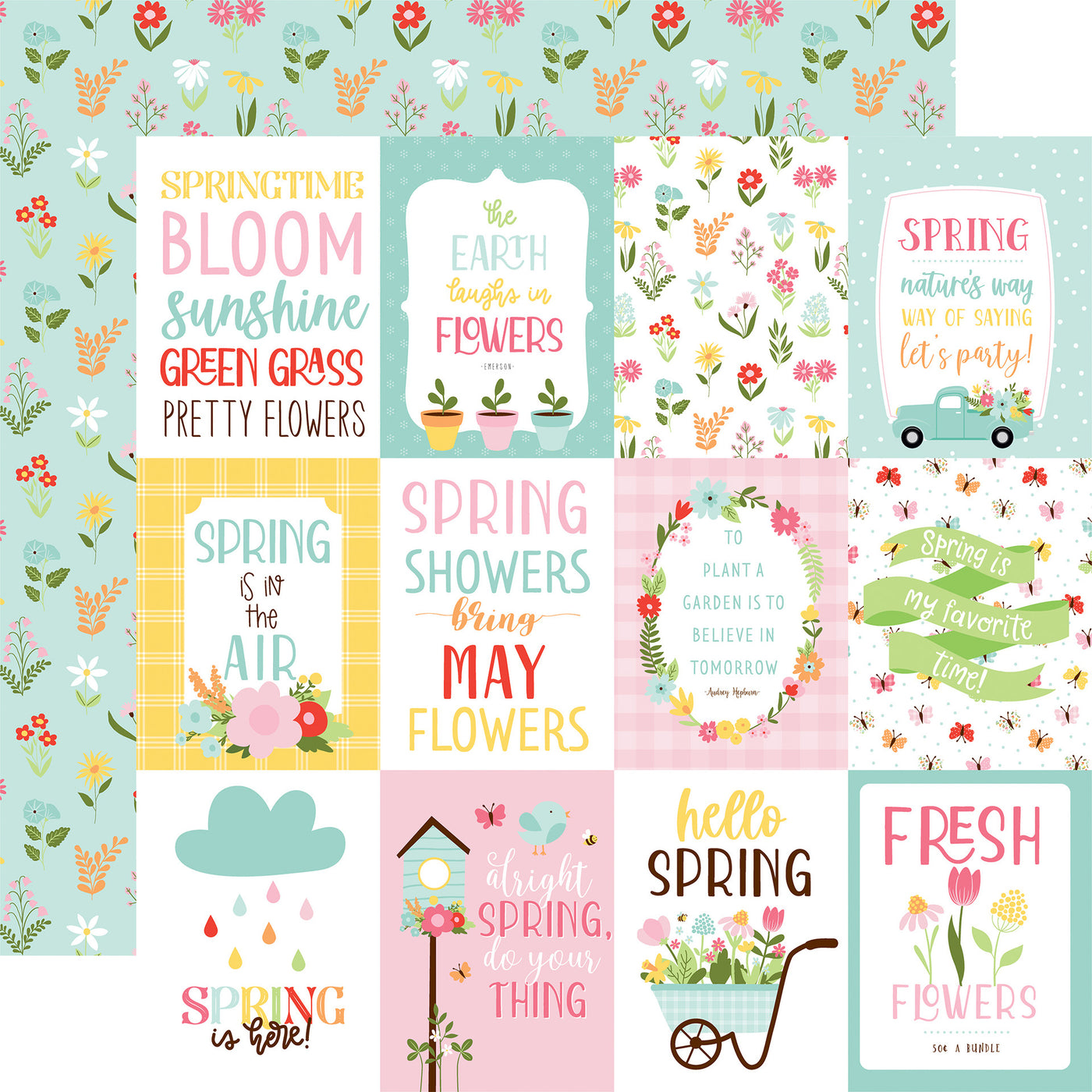 (Side A - features a collection of spring-themed designs, including flowers, birds, gardening quotes, and the words "Spring." Side B - spring-themed pattern with a repeating design of colorful flowers, leaves, and a few small caterpillars on a light blue background)