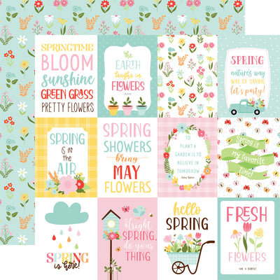 (Side A - features a collection of spring-themed designs, including flowers, birds, gardening quotes, and the words "Spring." Side B - spring-themed pattern with a repeating design of colorful flowers, leaves, and a few small caterpillars on a light blue background)