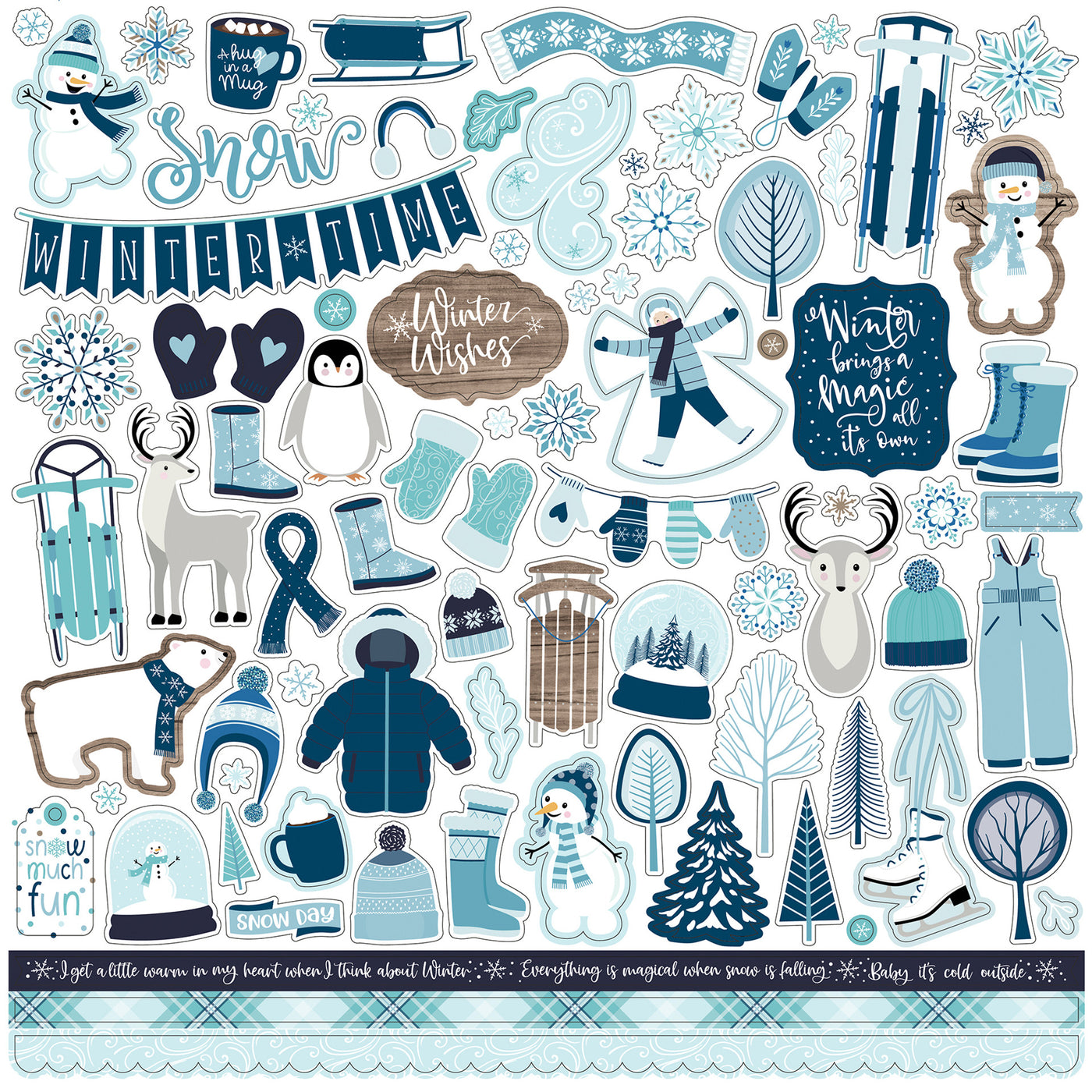 Winter Magic Elements 12" x 12" Cardstock Stickers from the Winter Magic Collection by Echo Park. These stickers include snowmen, penguins, snowflakes, winter clothes, phrases, banners, and more!