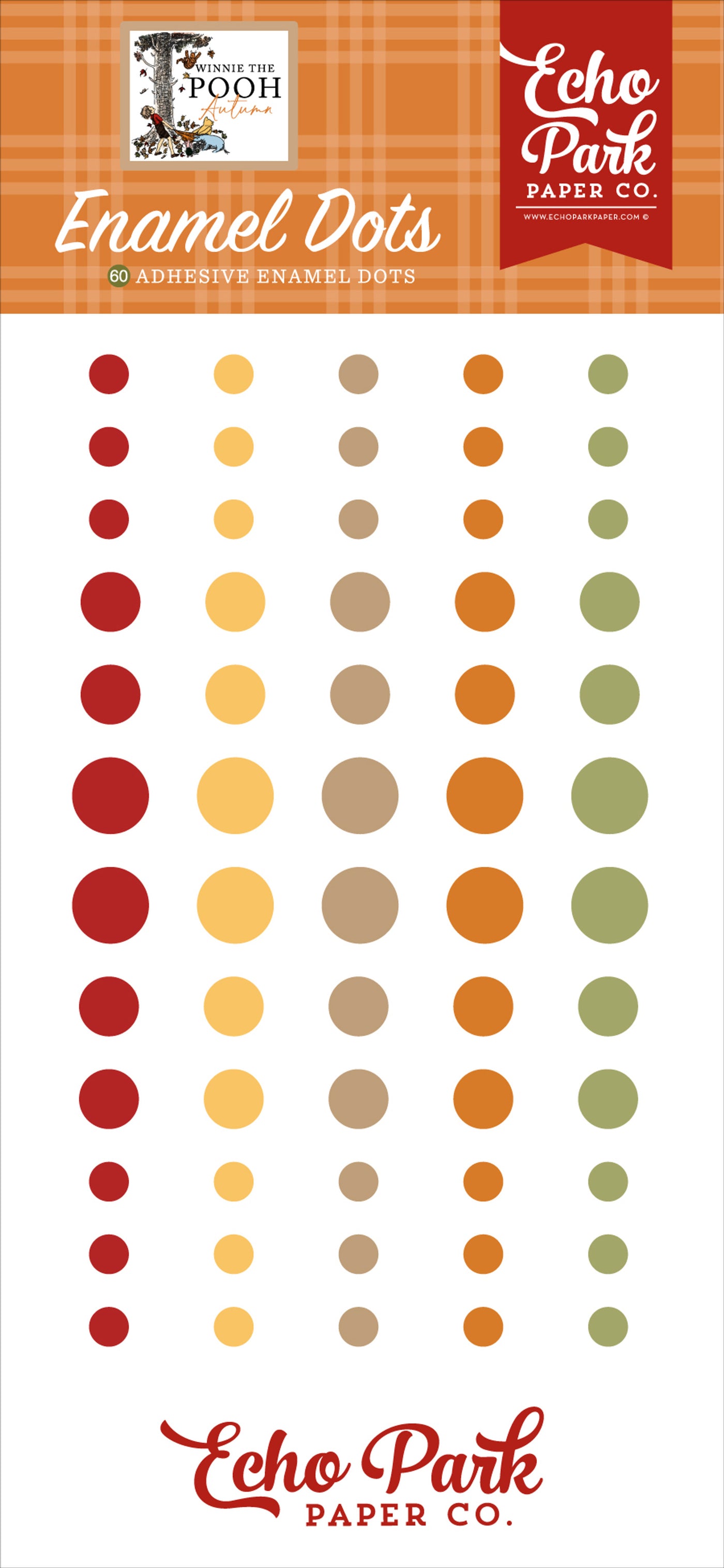 Enamel Dots from the Winnie The Pooh Autumn Collection by Echo Park Paper. Package includes 60 adhesive enamel dots in a range of sizes with rich fall colors.