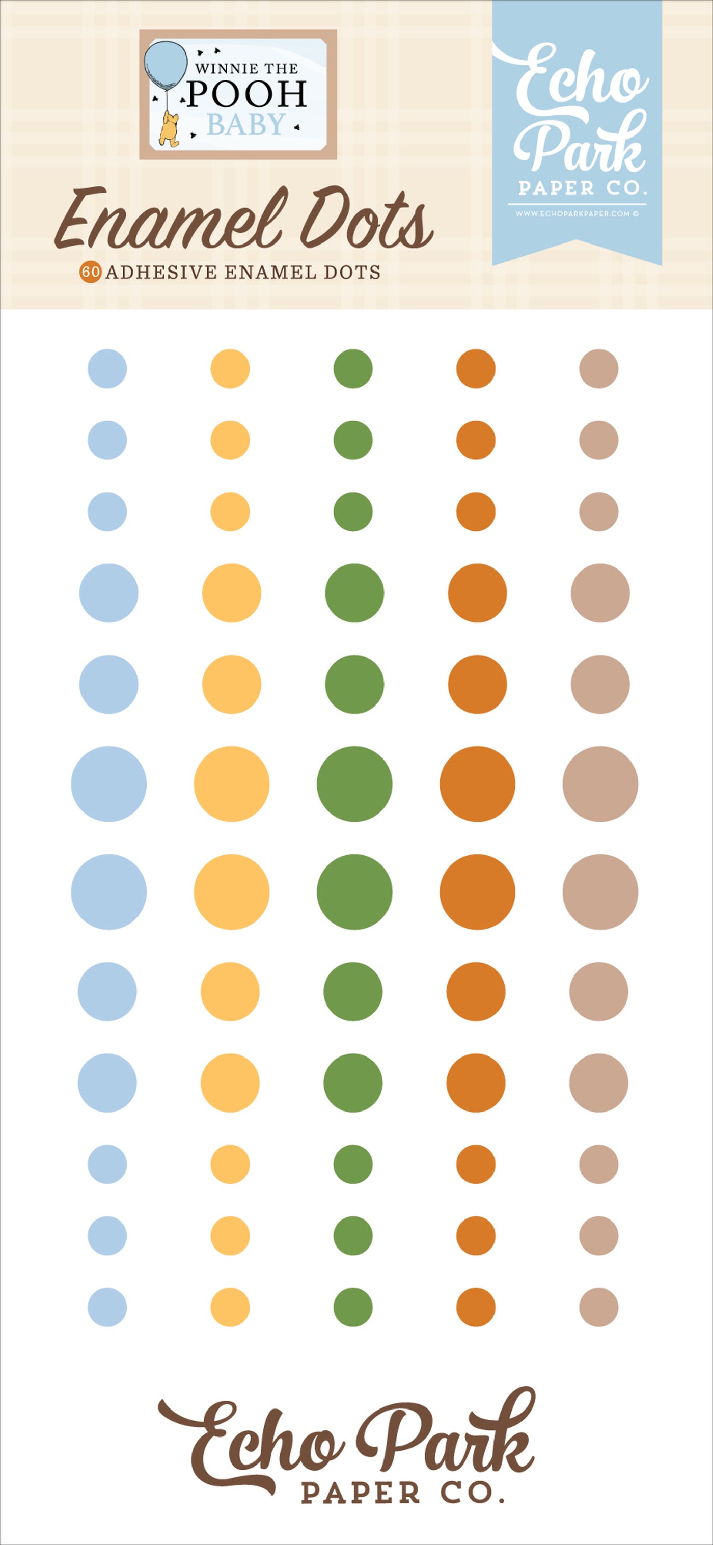60 Enamel Dots in 5 coordinated colors, three sizes; adhesive back, designed to coordinate with Winnie The Pooh Baby Collection by Echo Park Paper Co.