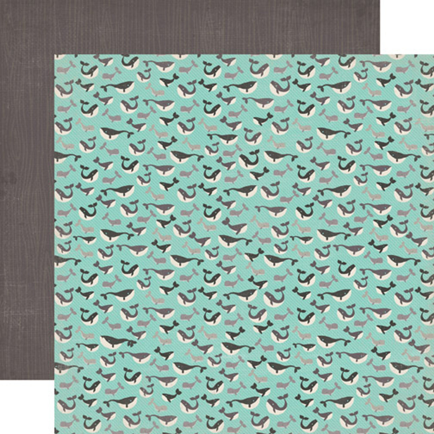 12x12 double-sided sheet. (Side A - cute little gray whales on a turquoise background. Side B - gray woodgrain background) Archival quality, acid-free. 