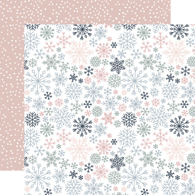 Winter patterns on two sides. (Side A - icy blue and pink snowflakes all over on a white background; Side B - white scattered polka dots on a dusty pink background)