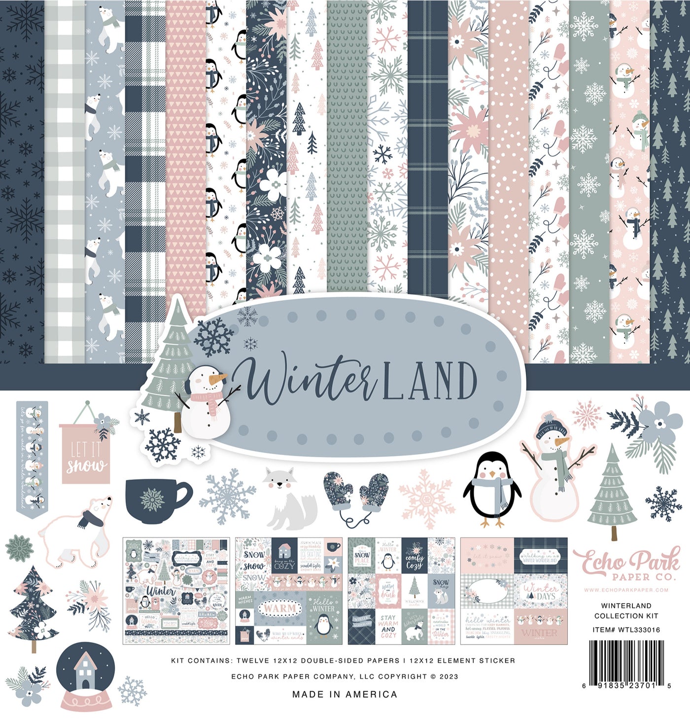 Wintery, outdoor imagery featured on 12 unique double-sided, 12x12 pages for cozy seasonal paper crafting. Each kit has a 12x12 sheet of matching sticker elements.