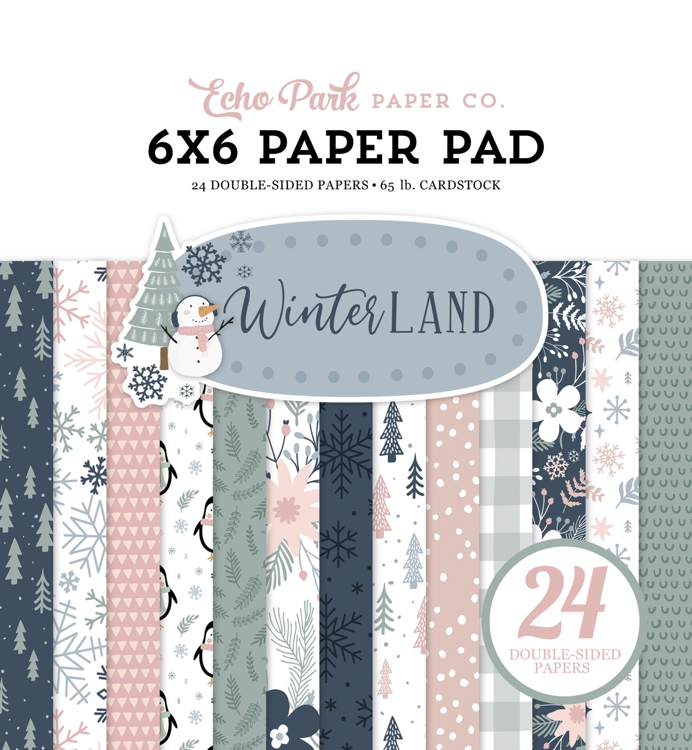 6x6 pad features a winter theme in icy blues, pink, and whites; fun for cards and papercrafts; includes 24 double-sided pages- Echo Park