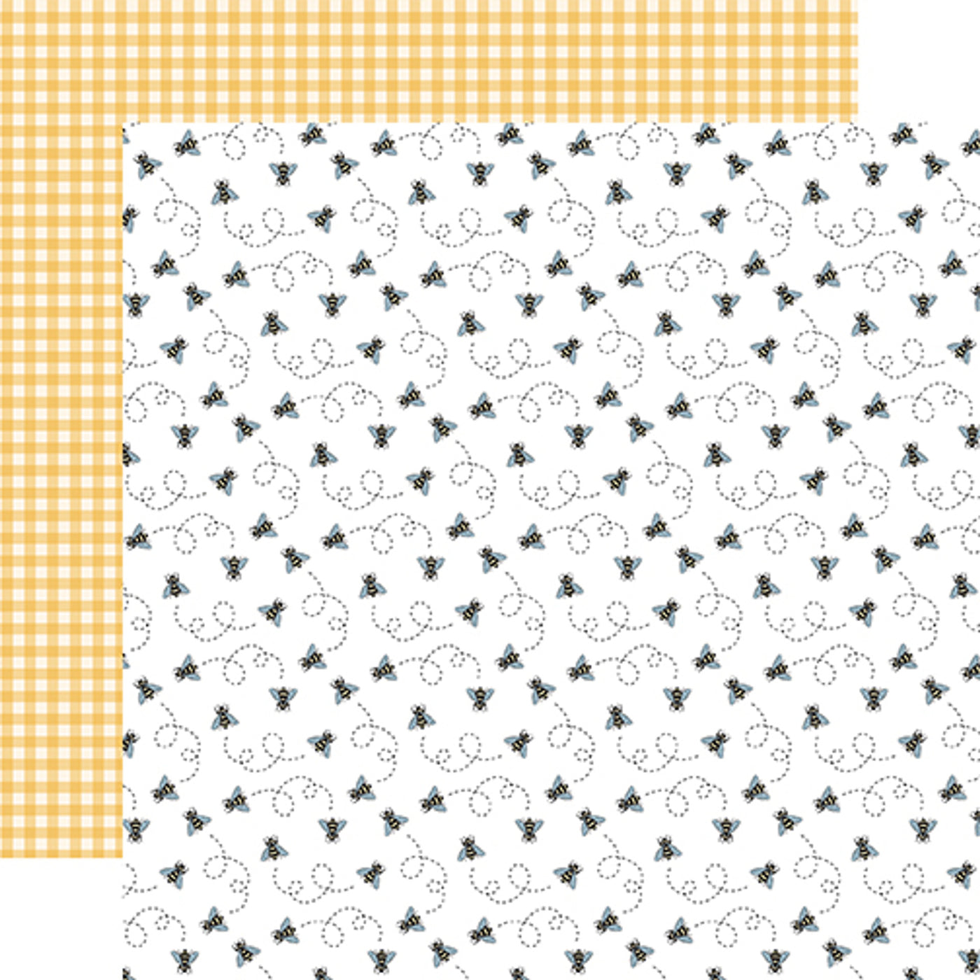 12x12 double-sided patterned paper. (Side A - flying honeybees on a white background, Side B - yellow gingham)