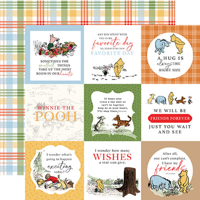 12x12 double-sided patterned paper. (Side A - Winnie The Pooh journaling cards, Side B - green, orange, yellow, light blue plaid on a white background)