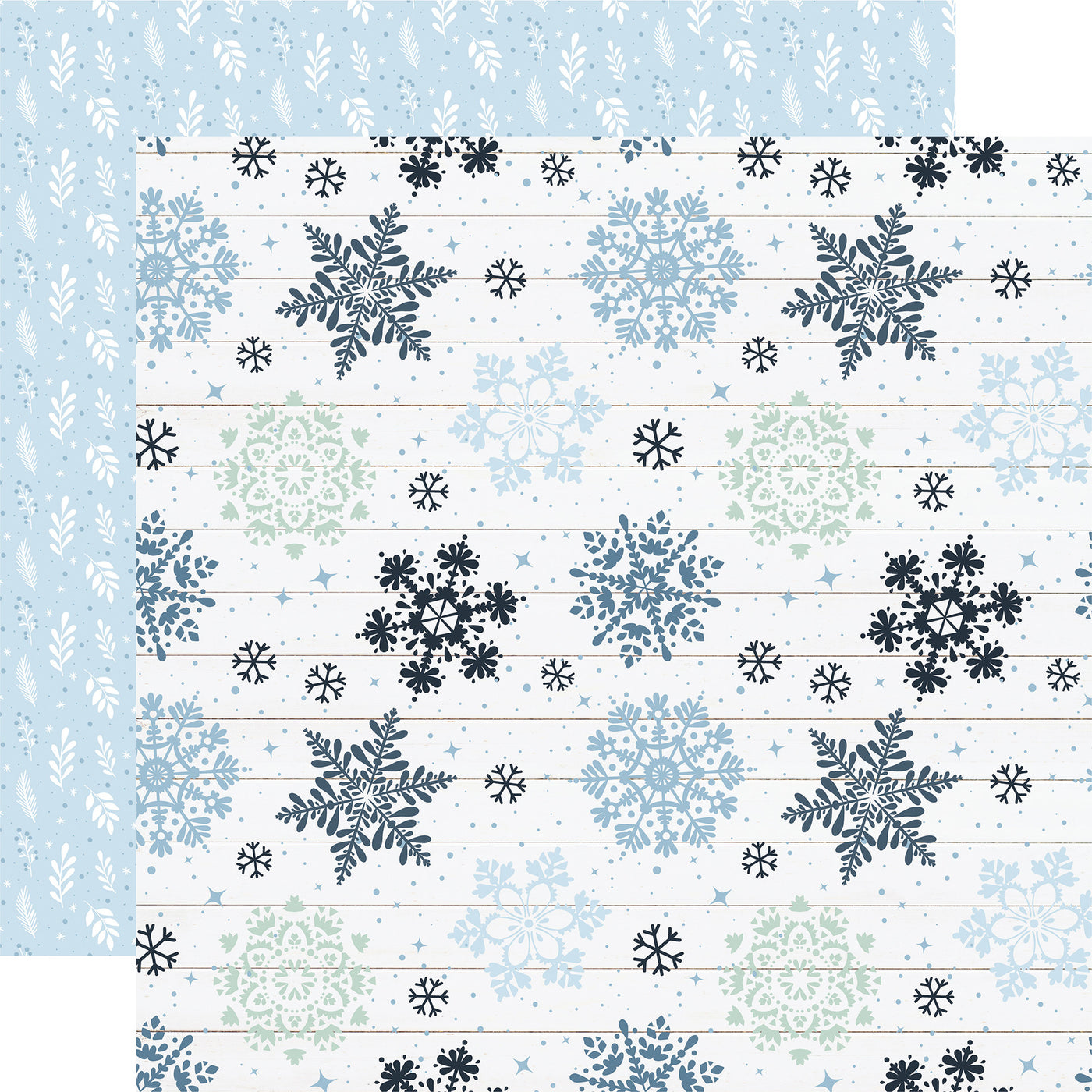 Winter patterns on two sides. (Side A - blue snowflakes on a white woodgrain background, Side B - leaves and berries in white on a light blue background)