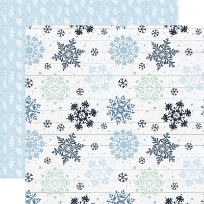 Winter patterns on two sides. (Side A - blue snowflakes on a white woodgrain background, Side B - leaves and berries in white on a light blue background)