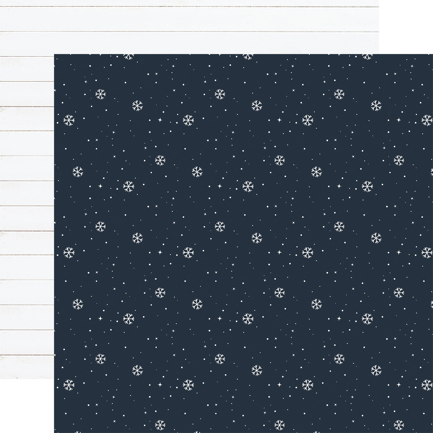 Navy blue with a white snowflake pattern, white woodgrain background reverse.