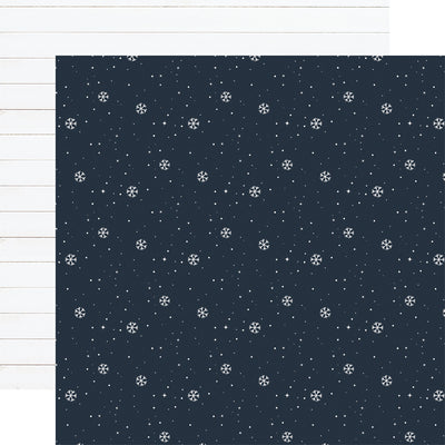 Navy blue with a white snowflake pattern, white woodgrain background reverse.