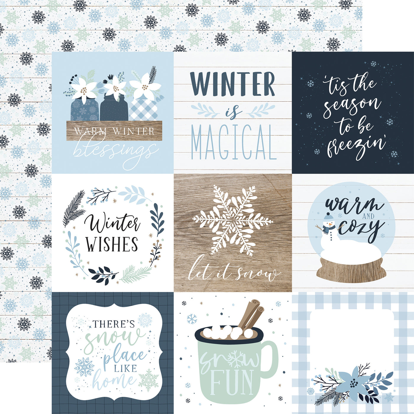 Collection of winter-themed cards with text and graphics on a patterned background