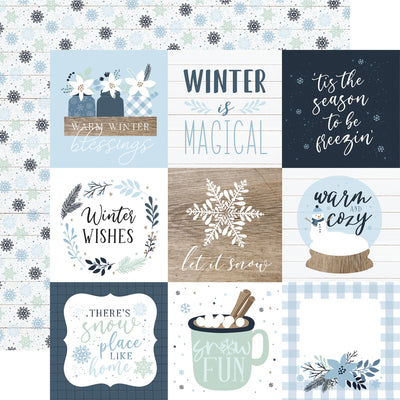 Collection of winter-themed cards with text and graphics on a patterned background