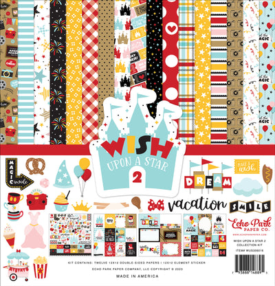 WISH UPON A STAR 2, 12x12 Collection Kit from Echo Park Paper - Kit contains twelve 12x12 double-sided papers, including a cover plus a 12x12 element sticker. Fun themes and colors reminiscent of the magic kingdom. Archival quality.