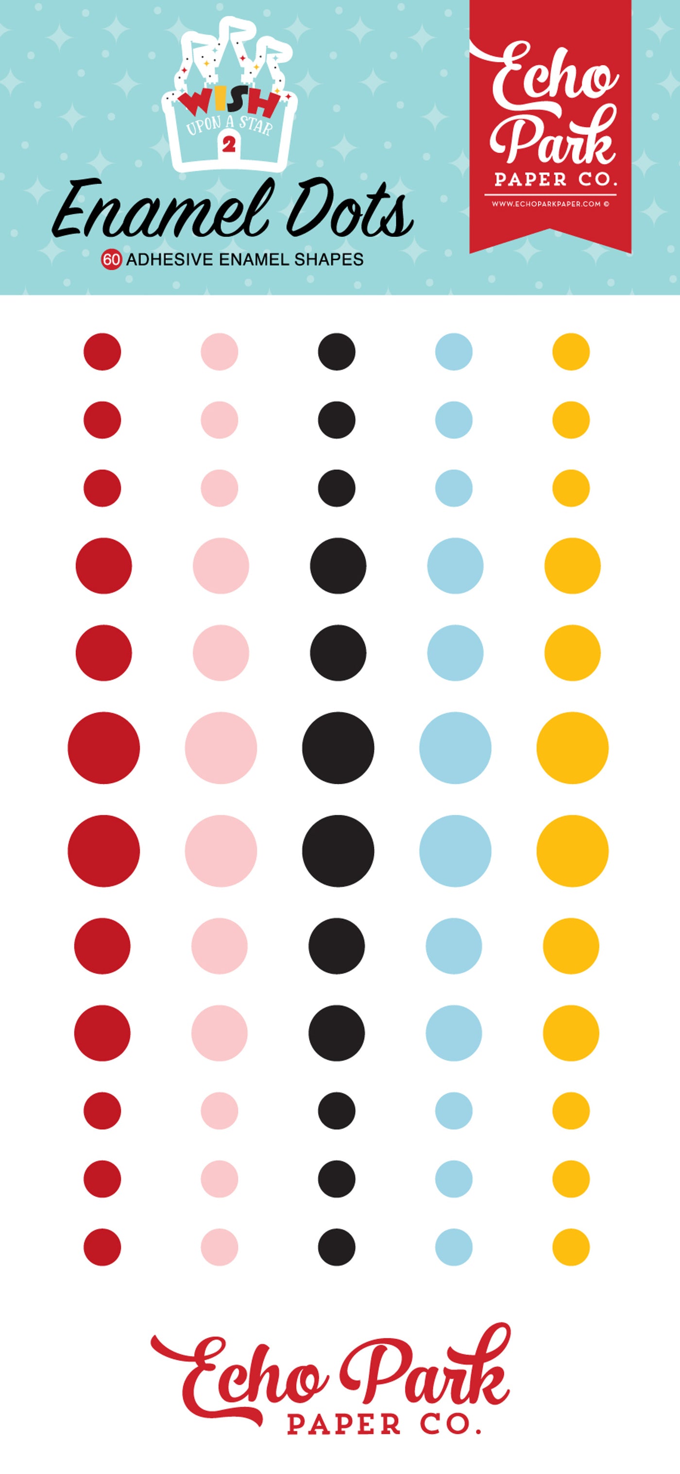 Sixty Enamel Dots in 5 coordinated bright colors. Three sizes. Adhesive back. Designed to coordinate with any paper craft project. Echo Park Paper Co.