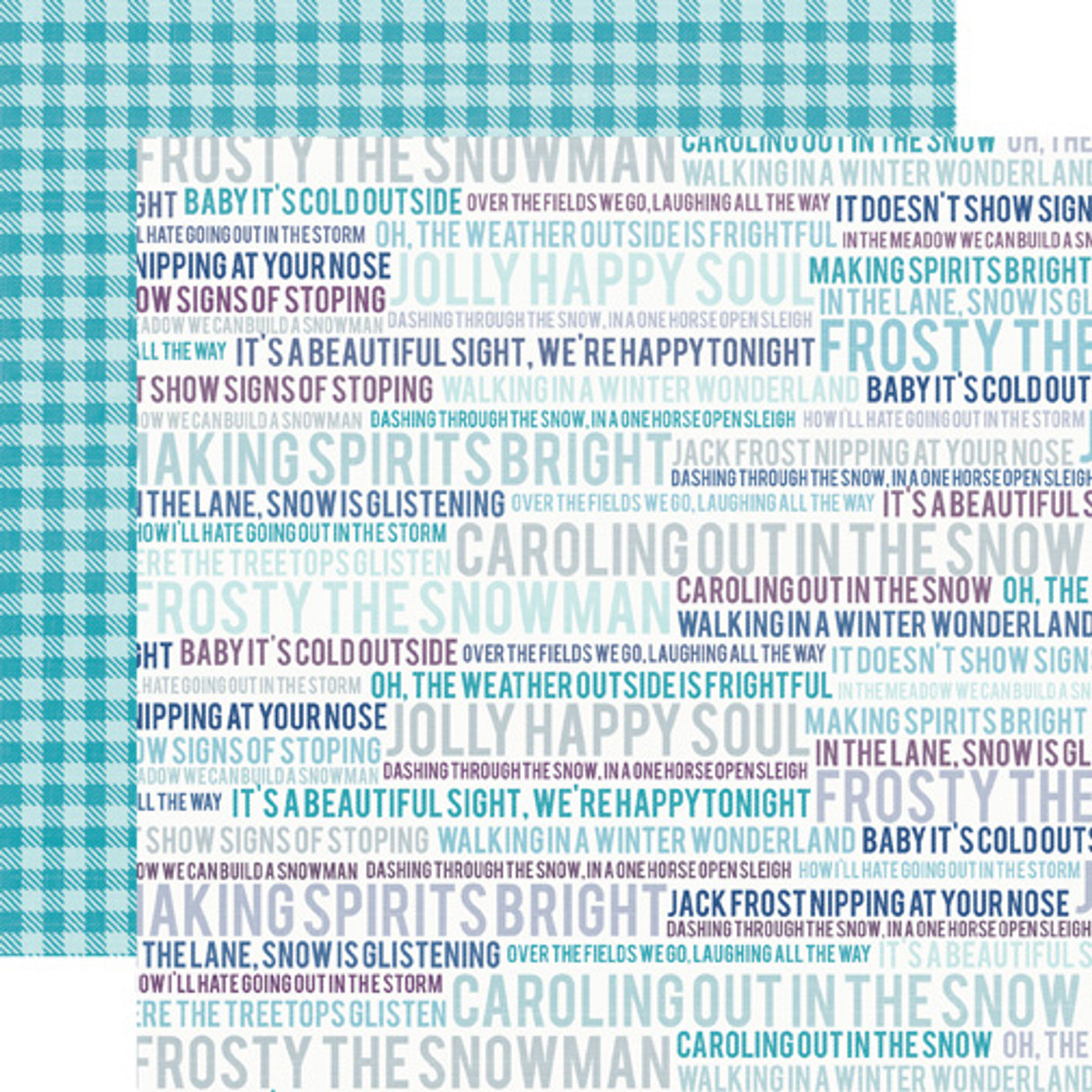 Winter patterns on two sides. (Side A - winter words and phrases on a white background; Side B - shades of turquoise blue in a gingham pattern)