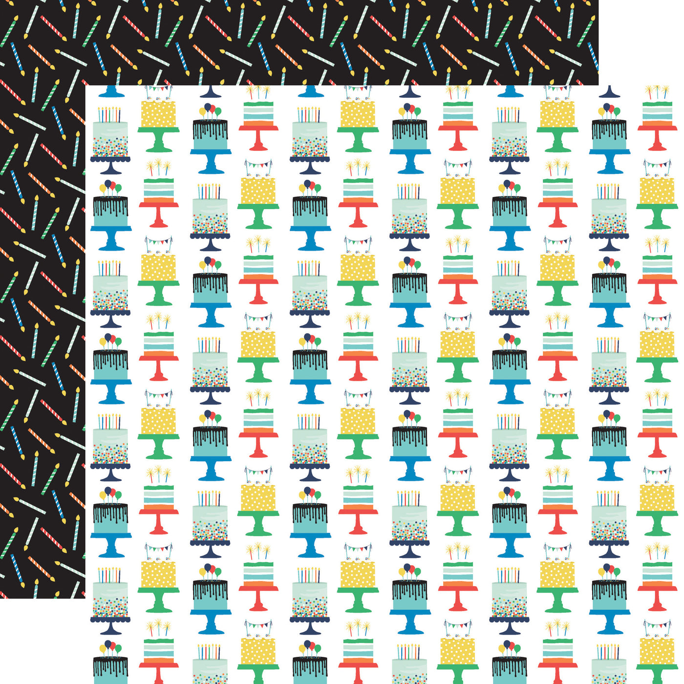 12x12 double-sided multi-colored patterned paper - (colorful bright birthday cakes on a white background, primary colored birthday candles on a black background reverse) - from Echo Park Paper.
