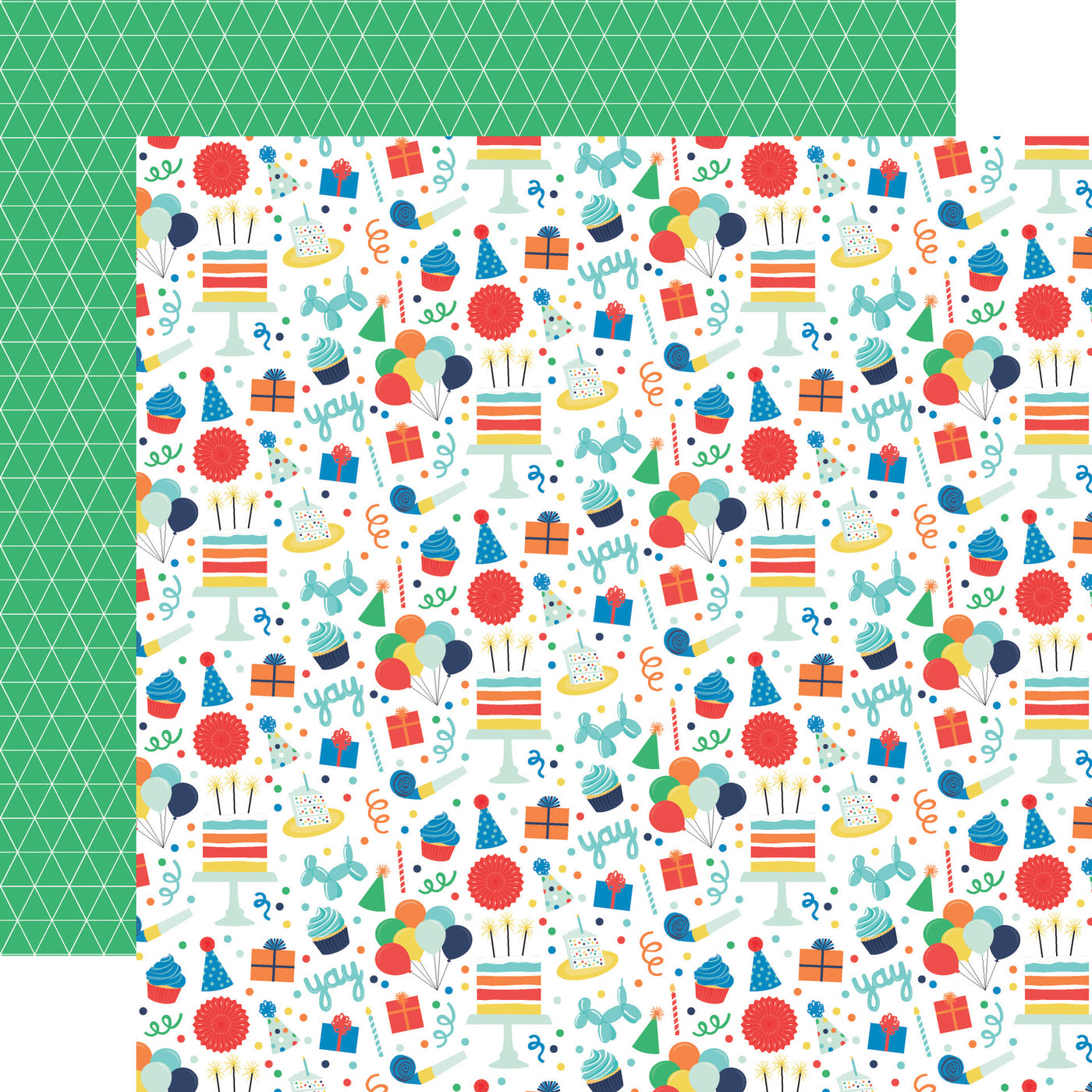 (Side A - paper is covered in a dense pattern of birthday icons. These include party hats, balloons, presents, cupcakes, cakes, streamers, and the word "yay." Side B - a geometric and technical look. It features a repeating pattern of small triangles on a green background)