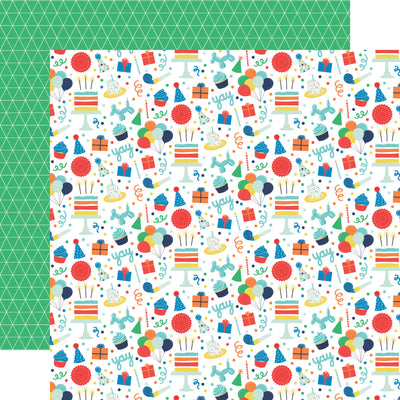 (Side A - paper is covered in a dense pattern of birthday icons. These include party hats, balloons, presents, cupcakes, cakes, streamers, and the word "yay." Side B - a geometric and technical look. It features a repeating pattern of small triangles on a green background)
